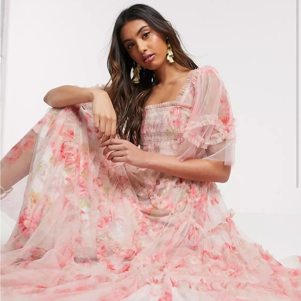 Needle & Thread smocked maxi dress in spring rose print